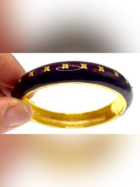 Vintage 1980s Burgundy Enamel Hinged Bangle Bracelet Gold Tone Studded Dome Cuff